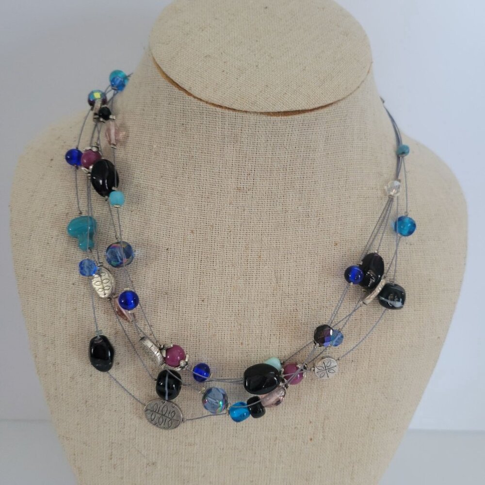Lia Sophia Multistrand Necklace With Glass & Metal Beads In Blue Black & Purple